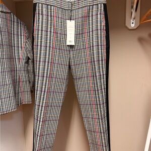 Veronica Beard Plaid Cropped Pants with Black Side Stripe - Black/Gray/Red
